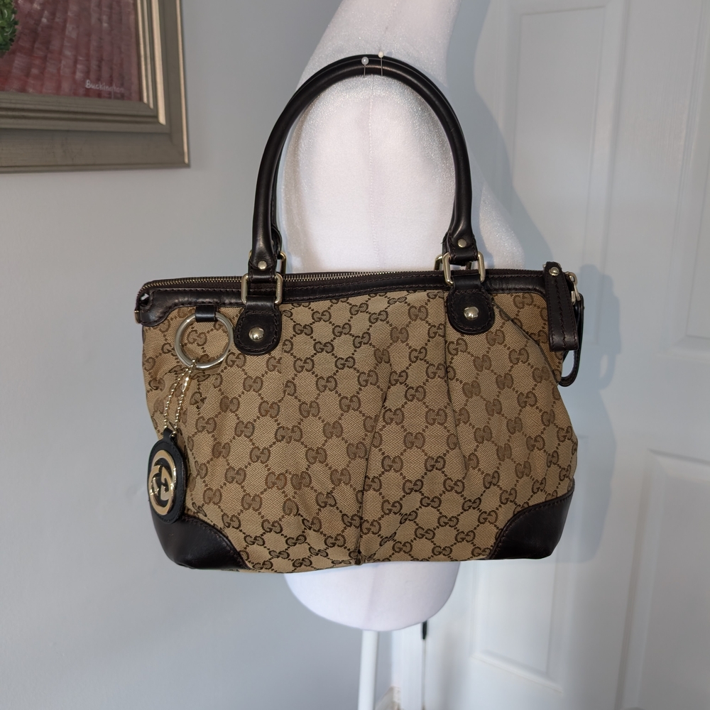 Gucci Sukey Monogram Satchel With Heavy Gucci Double G Hang Tag